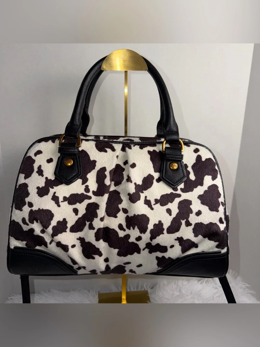 Juicy Couture Black & White Cow Print Satchel with Pink Bow Charm
